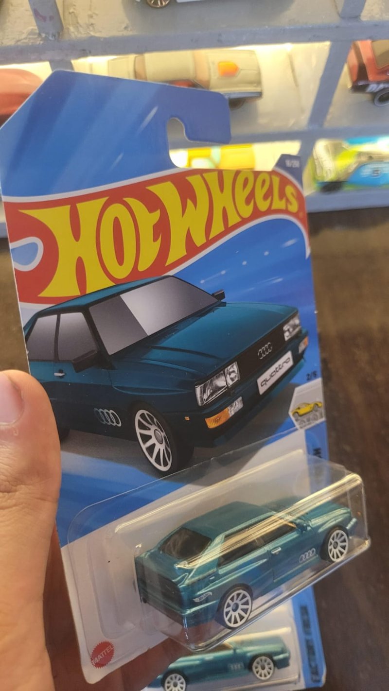Rear view of Hot Wheels Mainline 1987 Audi Quattro Greenish Blue A Case collectible