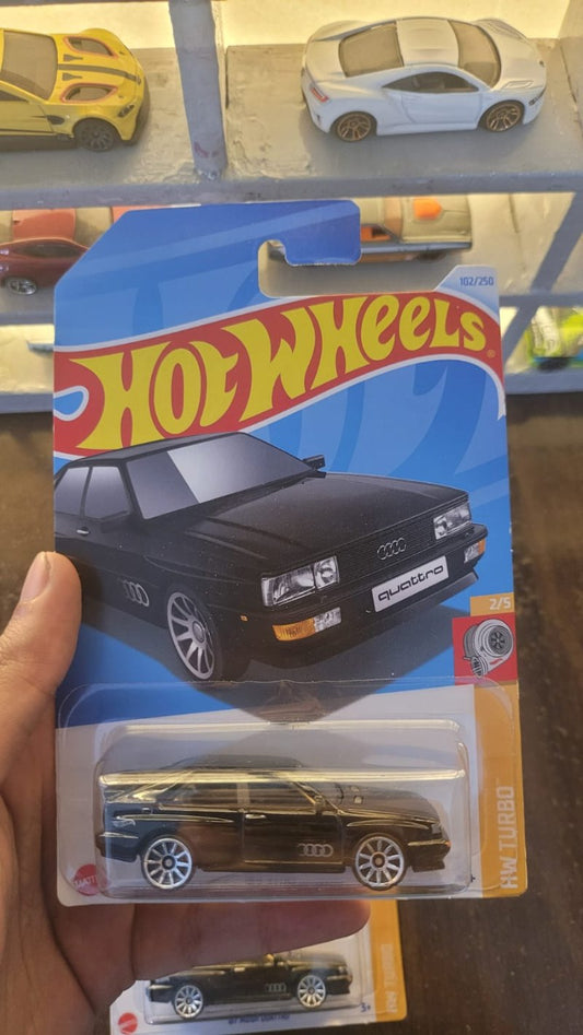 Front view of Hot Wheels 1987 Audi Quattro Black Q Case die-cast model