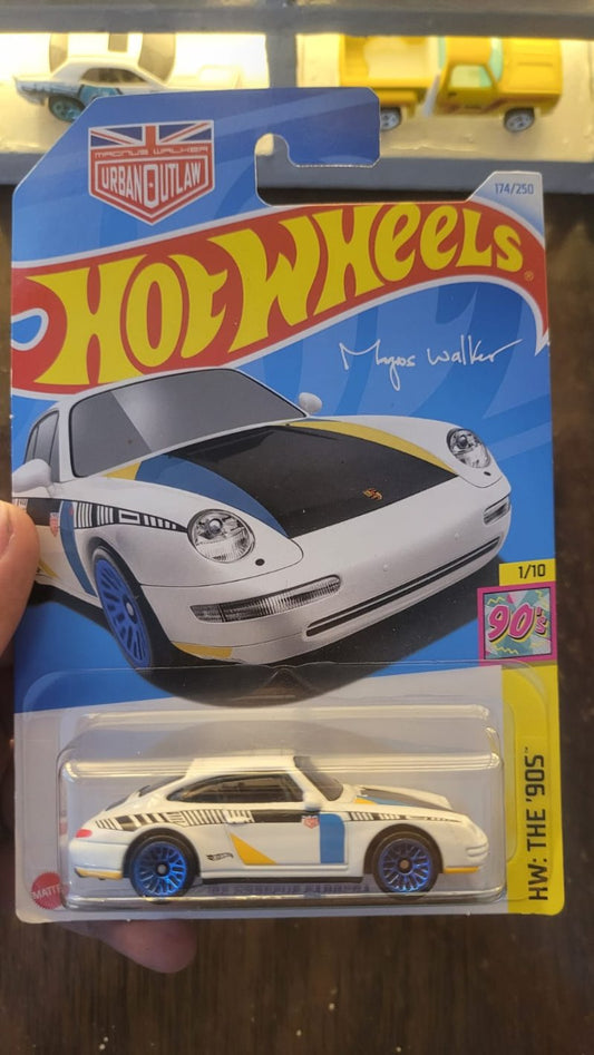 Front view of Hot Wheels 1996 Porsche Carrera White Q Case die-cast model