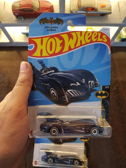 Front view of Hot Wheels Batman and Robin Batmobile - Blue Die-Cast Model