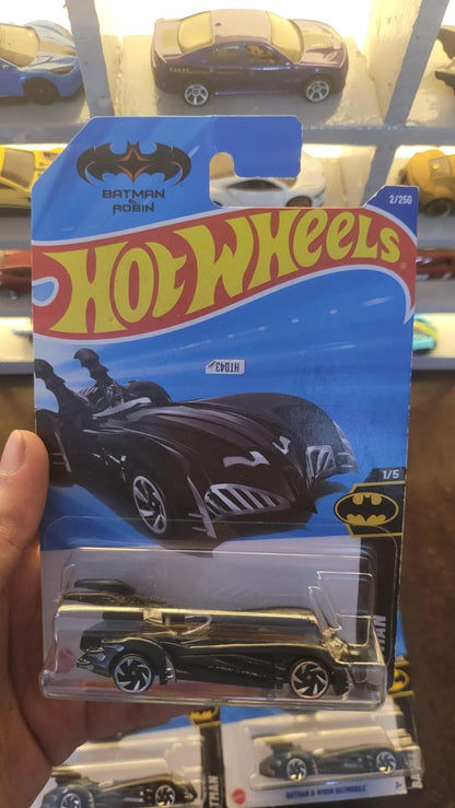 Front view of Hot Wheels Batman and Robin Batmobile in black