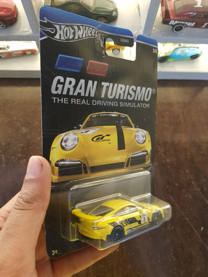 Rear view of Hot Wheels Gran Turismo Porsche 911 GT3 RS die-cast model