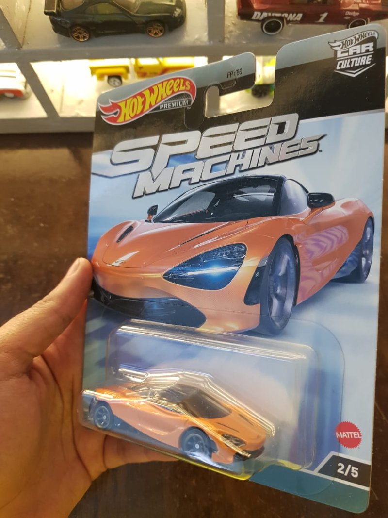 Angled view of Hot Wheels Car Culture Speed Machines McLaren 720S die-cast model