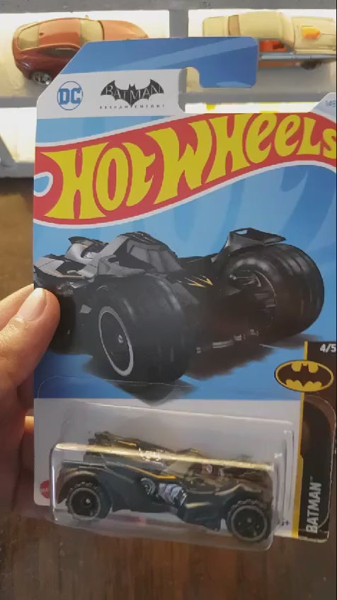 Showcasing Hot Wheels Batman Arkham Knight Batmobile (Black) in a collection