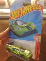 Angled view of Hot Wheels 2016 Ford GT Race die-cast model