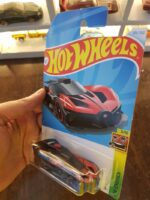 Angled view of Hot Wheels Bugatti Bolide Red Edition die-cast model