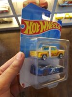 Rear view of Hot Wheels Dodge Viper GTS-R and '73 Dodge D100 Express Truck