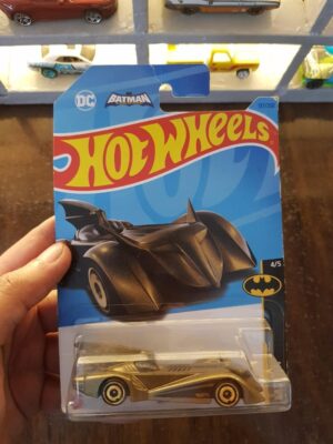 Front view of Hot Wheels Mainline Batmobile - Gold Die-Cast Model