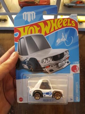 Front view of Hot Wheels Mainline Mazda RX-3 White die-cast model