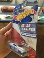 Angled view of Hot Wheels Stars and Stripes '68 HEMI Barracuda collectible car