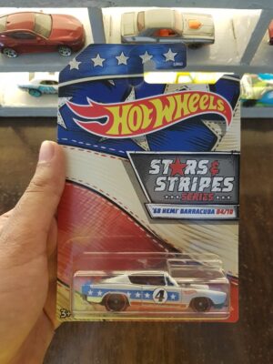 Front view of Hot Wheels Stars and Stripes '68 HEMI Barracuda die-cast car