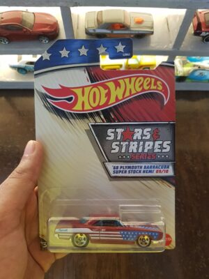 Front view of Hot Wheels Stars and Stripes '68 Plymouth Barracuda die-cast car