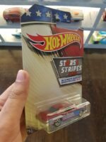 Rear view of Hot Wheels Stars and Stripes '68 Plymouth Barracuda die-cast vehicle