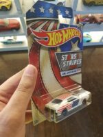 Rear view of Hot Wheels Stars and Stripes AMC Javelin AMX die-cast vehicle