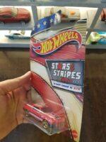 Angled view of Hot Wheels Stars and Stripes '70 Chevy Camaro RS die-cast model