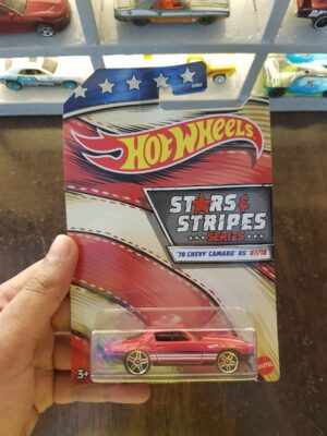 Front view of Hot Wheels Stars and Stripes '70 Chevy Camaro RS die-cast model