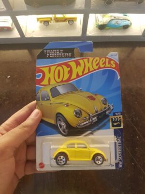 Front view of Hot Wheels Transformers Bumblebee in yellow die-cast model