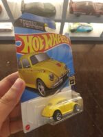 Rear view of Hot Wheels Transformers Bumblebee in yellow die-cast vehicle